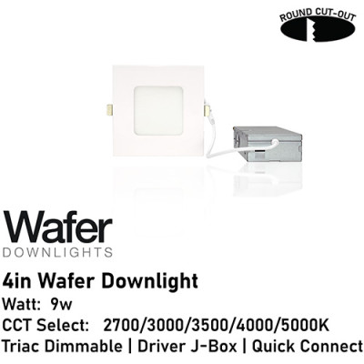 AL-DW4SQ-9-D/WH - 4" 9w Square Wafer Downlight - 5-CCT Select Flicker Free 120v AC Triac Dimmable White Finish