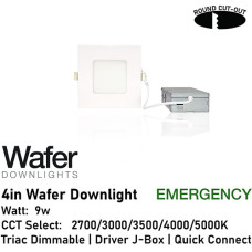 AL-DW4SQ-9-D/WH/EM - 4" 9w Emergency Square Wafer Downlight - 5-CCT Select Flicker Free 120v AC Triac Dimmable White Finish AL-DW4SQ-9-D/WH/EM - 4" 9w Emergency Square Wafer Downlight - 5-CCT Select Flicker Free 120v AC Triac Dimmable White Finish