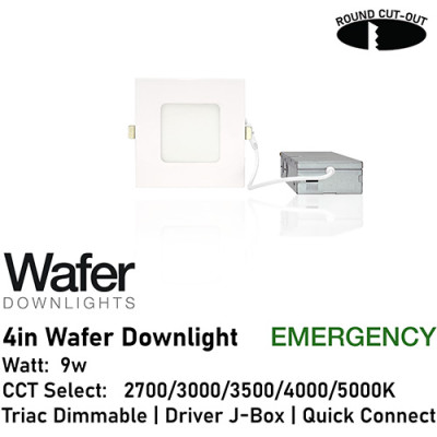 AL-DW4SQ-9-D/WH/EM - 4" 9w Emergency Square Wafer Downlight - 5-CCT Select Flicker Free 120v AC Triac Dimmable White Finish