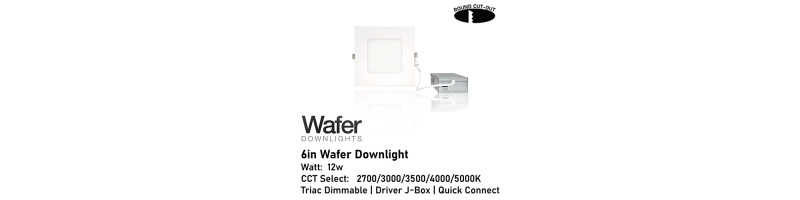 AL-DW6SQ-9-D/WH - 6" 12w Square Wafer Downlight - 5-CCT Select Flicker Free 120v AC Triac Dimmable White Finish
