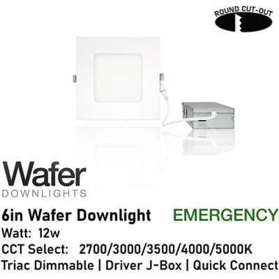 AL-DW6SQ-9-D/WH/EM - 6" 12w Emergency Square Wafer Downlight - 5-CCT Select Flicker Free 120v AC Triac Dimmable White Finish