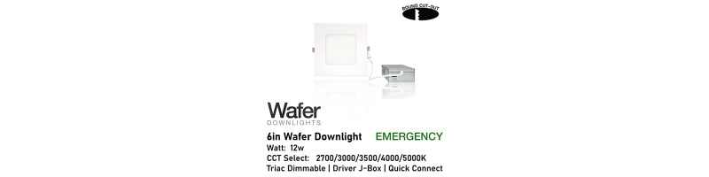 AL-DW6SQ-9-D/WH/EM - 6" 12w Emergency Square Wafer Downlight - 5-CCT Select Flicker Free 120v AC Triac Dimmable White Finish