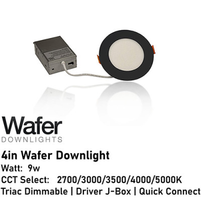 AL-WDL495CCT/BK - 4" 9w Wafer Downlight - 5-CCT Select Flicker Free 120v AC Triac Dimmable Black Finish