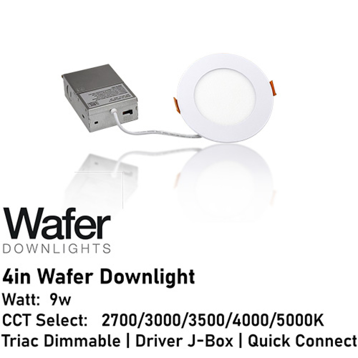 AL-WDL495CCT/WH - 4" 9w Wafer Downlight - 5-CCT Select Flicker Free 120v AC Triac Dimmable White Finish