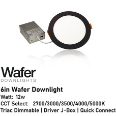 AL-WDL6125CCT/BK - 6" Wafer Downlight - 5-CCT Select Flicker Free 120v AC Triac Dimmable Black Finish