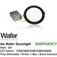 AL-WDL6125CCT/BK/EM - 6" 12w Emergency Wafer Downlight - 5-CCT Select Flicker Free 120v AC Triac Dimmable Black Finish