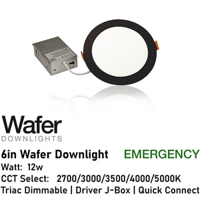 AL-WDL6125CCT/BK/EM - 6" 12w Emergency Wafer Downlight - 5-CCT Select Flicker Free 120v AC Triac Dimmable Black Finish