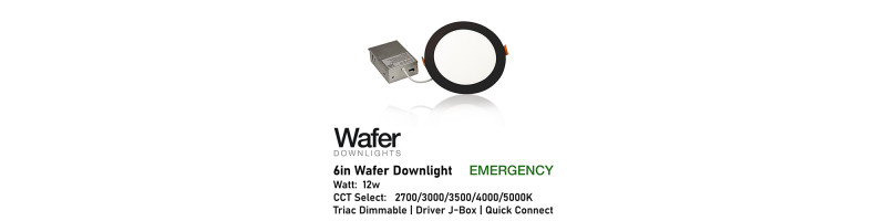 AL-WDL6125CCT/BK/EM - 6" 12w Emergency Wafer Downlight - 5-CCT Select Flicker Free 120v AC Triac Dimmable Black Finish AL-WDL6125CCT/BK/EM - 6" 12w Emergency Wafer Downlight - 5-CCT Select Flicker Free 120v AC Triac Dimmable Black Finish