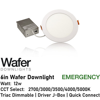 AL-WDL6125CCT/WH/EM - 6" 12w Emergency Wafer Downlight - 5-CCT Select Flicker Free 120v AC Triac Dimmable White Finish