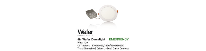 AL-WDL6125CCT/WH/EM - 6" 12w Emergency Wafer Downlight - 5-CCT Select Flicker Free 120v AC Triac Dimmable White Finish AL-WDL6125CCT/WH/EM - 6" 12w Emergency Wafer Downlight - 5-CCT Select Flicker Free 120v AC Triac Dimmable White Finish